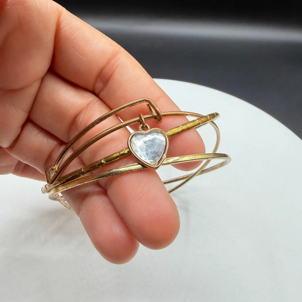 Mixed Metal Bangle Bracelet Set Clear Faceted Heart Charm Stackable Jewelry